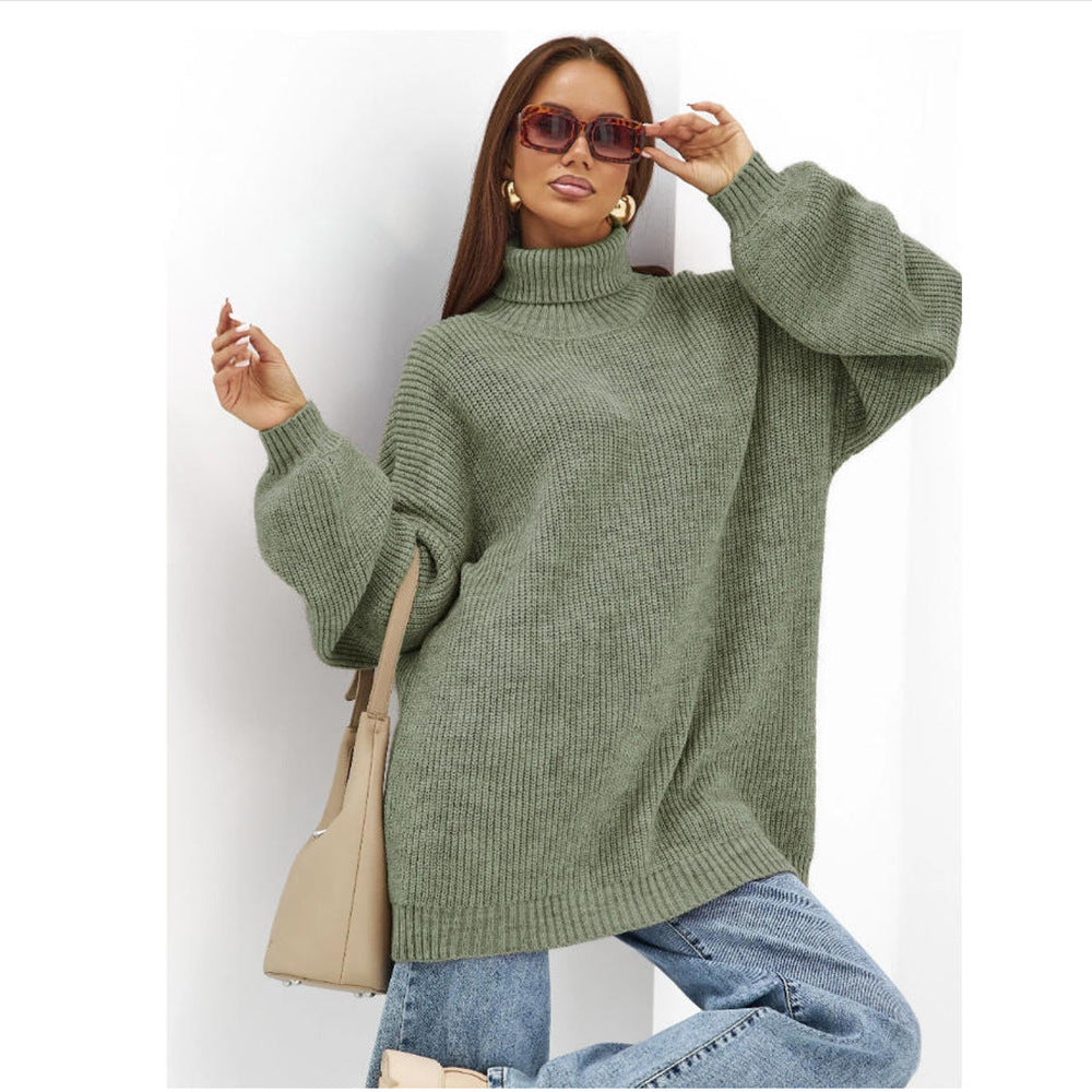 Lillian | Women's Oversized Turtleneck Sweater – Ribbed Knit, Balloon Sleeves, Tunic Length – Sage Green