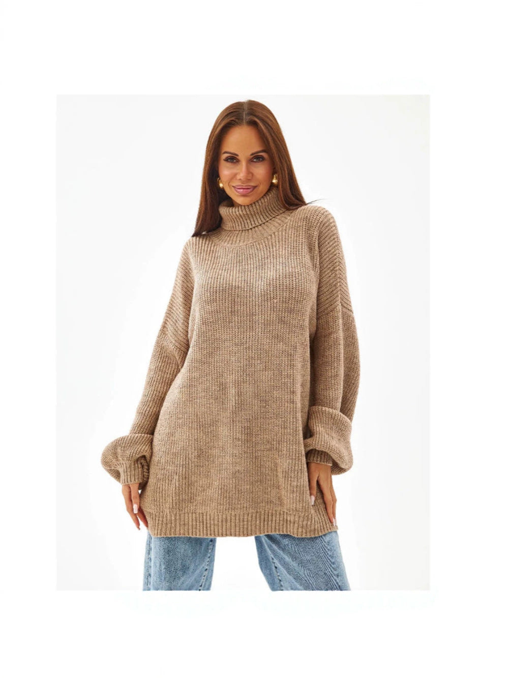 Lillian | Women's Oversized Turtleneck Sweater – Ribbed Knit, Balloon Sleeves, Tunic Length
