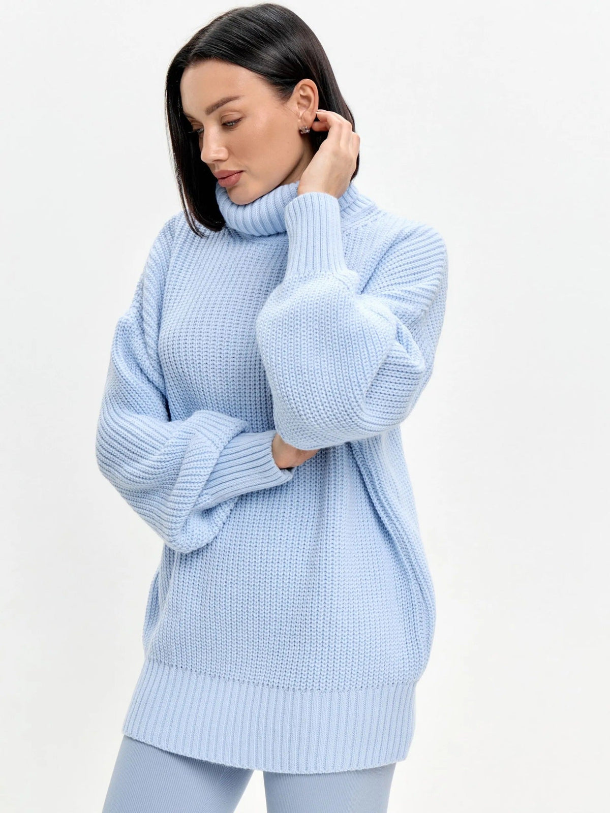 Lillian | Women's Oversized Turtleneck Sweater – Ribbed Knit, Balloon Sleeves, Tunic Length – Light Blue