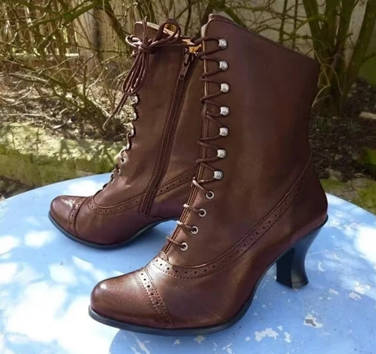 Lily | Women's Victorian Lace-Up Heeled Boots – Brogue Toe Cap, Side Zip, Curved Heel – Brown
