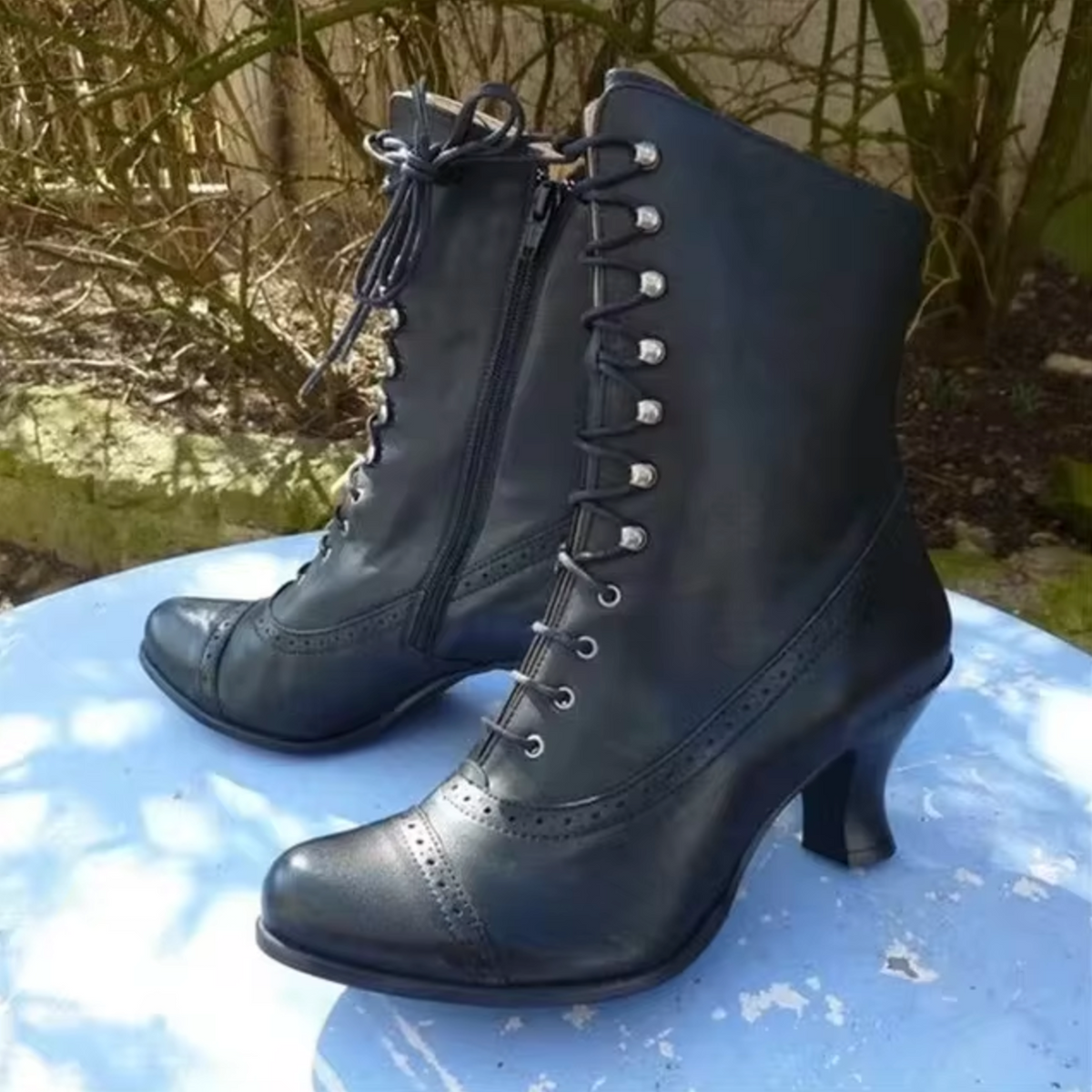 Lily | Women's Victorian Lace-Up Heeled Boots – Brogue Toe Cap, Side Zip, Curved Heel – Black
