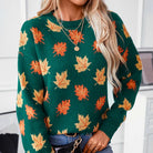 Lisa | Women's Autumn Leaf Knit Sweater – Crew Neck, Relaxed Fit, Ribbed Trim – Forest Green