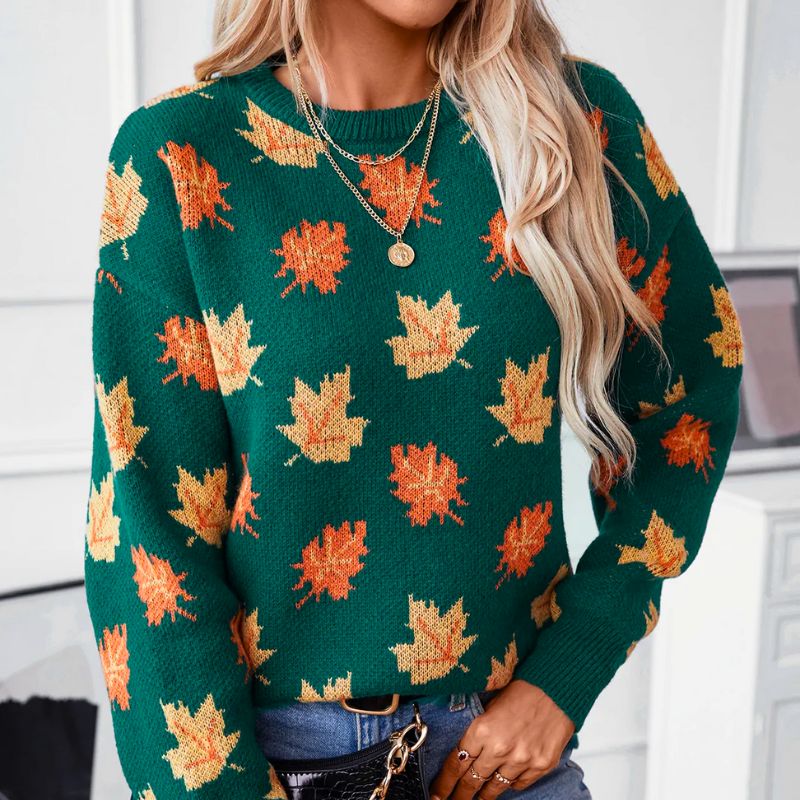 Lisa | Women's Autumn Leaf Knit Sweater – Crew Neck, Relaxed Fit, Ribbed Trim – Forest Green