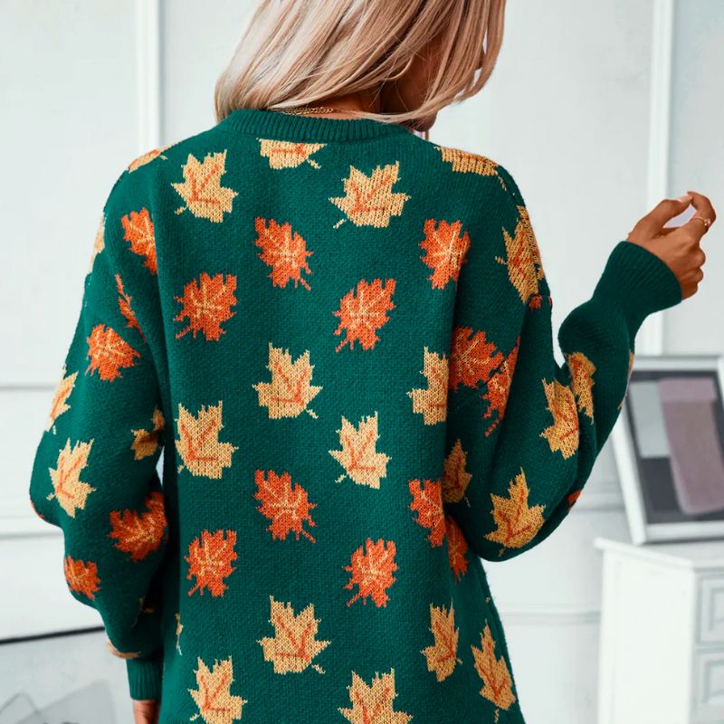 Lisa | Women's Autumn Leaf Knit Sweater – Crew Neck, Relaxed Fit, Ribbed Trim