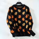 Lisa | Women's Autumn Leaf Knit Sweater – Crew Neck, Relaxed Fit, Ribbed Trim – Black