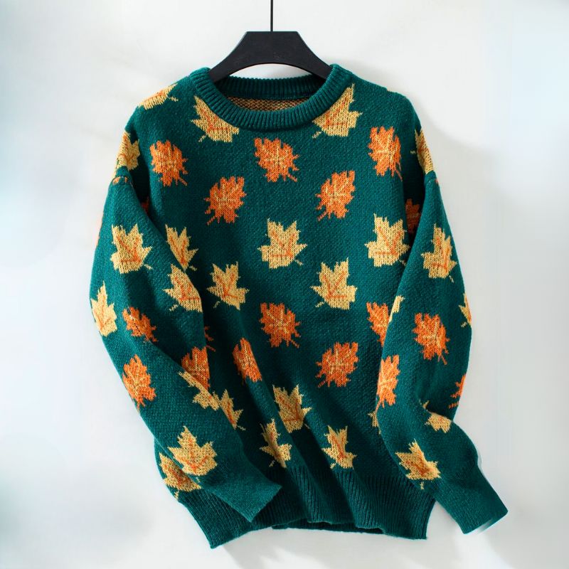 Lisa | Women's Autumn Leaf Knit Sweater – Crew Neck, Relaxed Fit, Ribbed Trim