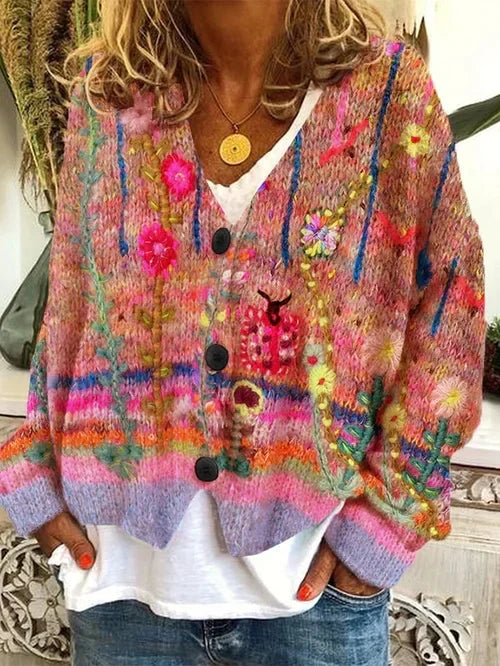 Lola | Women's Retro Print Cardigan – Vintage-Inspired Long Sleeve Knit – Orange