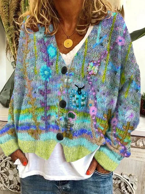 Lola | Women's Retro Print Cardigan – Vintage-Inspired Long Sleeve Knit – Blue