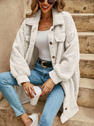 Lorna | Women's Teddy Shacket – Fluffy Texture, Button Front, Chest Flap Pockets – Ivory