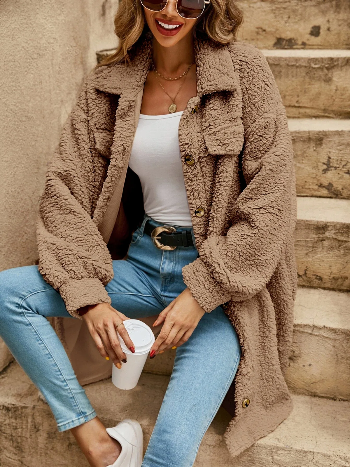 Lorna | Women's Teddy Shacket – Fluffy Texture, Button Front, Chest Flap Pockets – Mocha