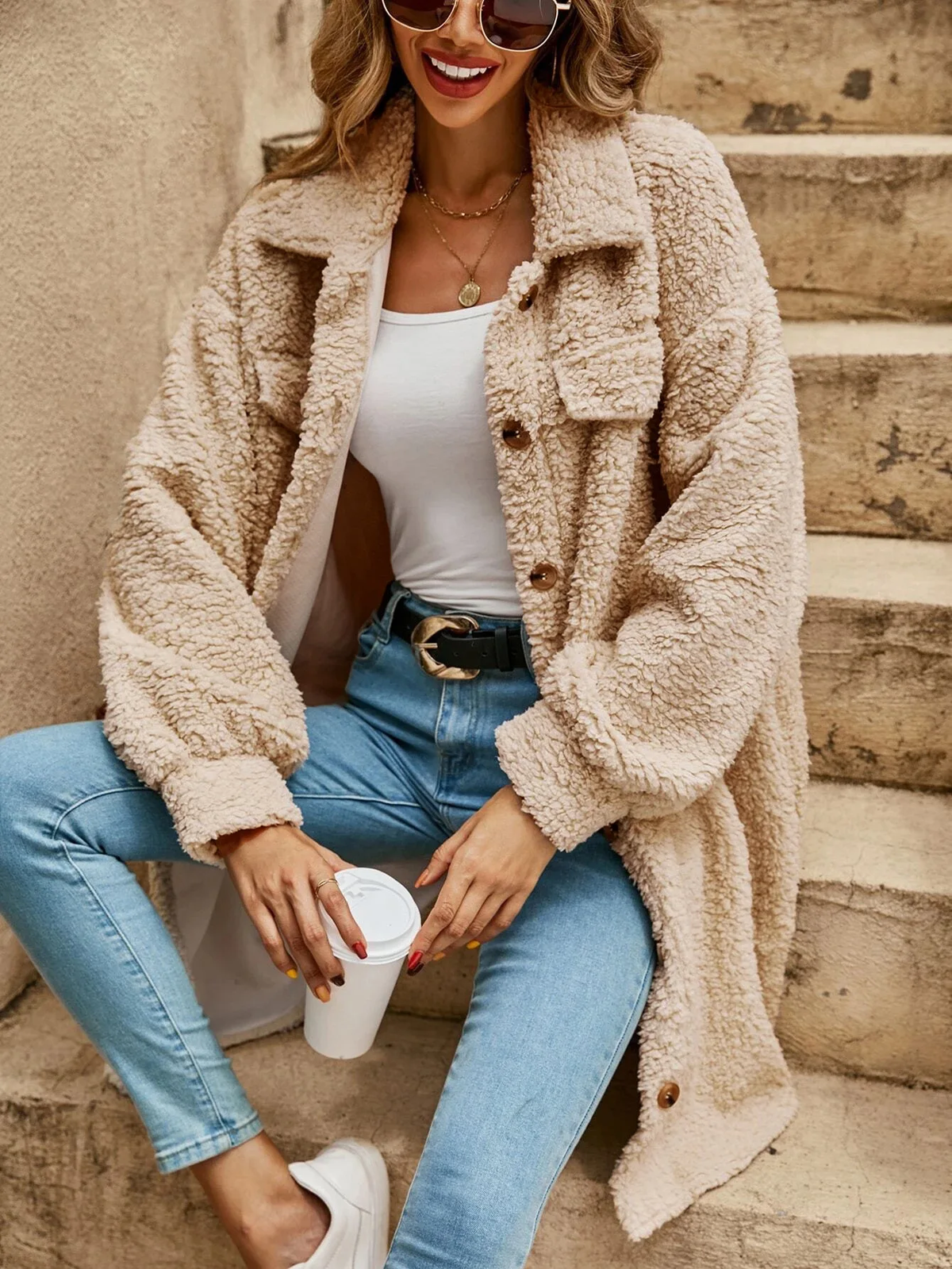 Lorna | Women's Teddy Shacket – Fluffy Texture, Button Front, Chest Flap Pockets – Beige