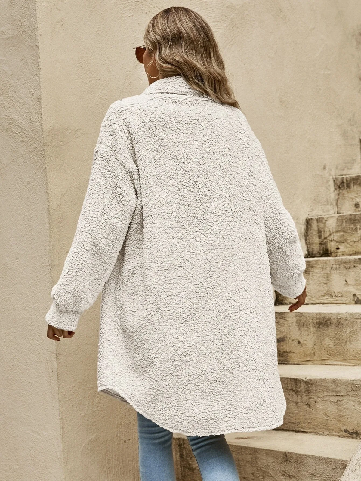 Lorna | Women's Teddy Shacket – Fluffy Texture, Button Front, Chest Flap Pockets