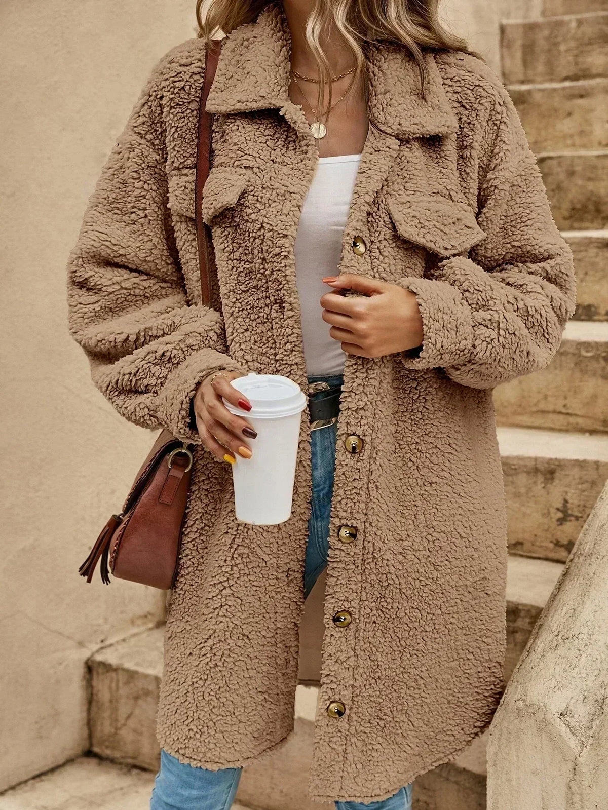 Lorna | Women's Teddy Shacket – Fluffy Texture, Button Front, Chest Flap Pockets