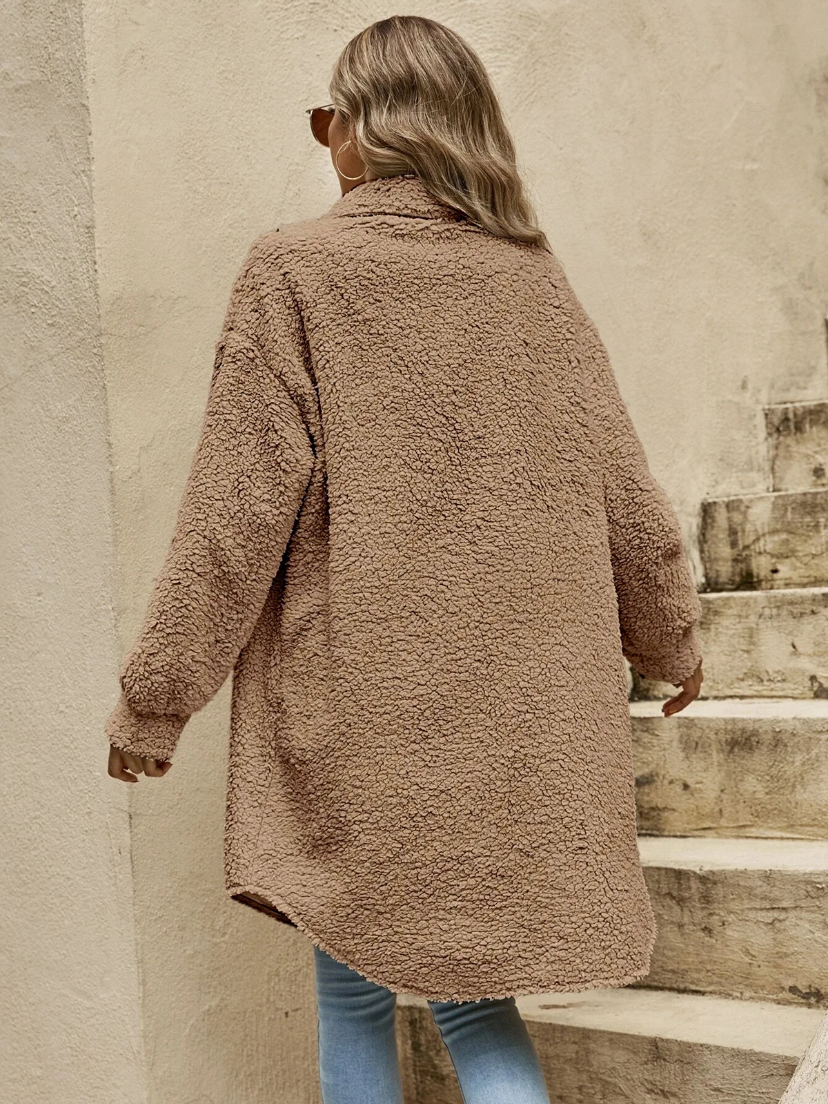 Lorna | Women's Teddy Shacket – Fluffy Texture, Button Front, Chest Flap Pockets