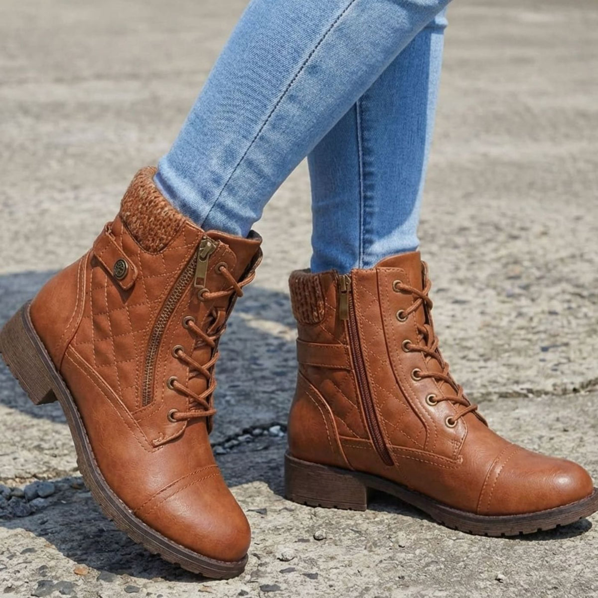 Lottie | Women's Quilted Lace-Up Ankle Boots with Side Zip – Padded Winter Booties – Brown