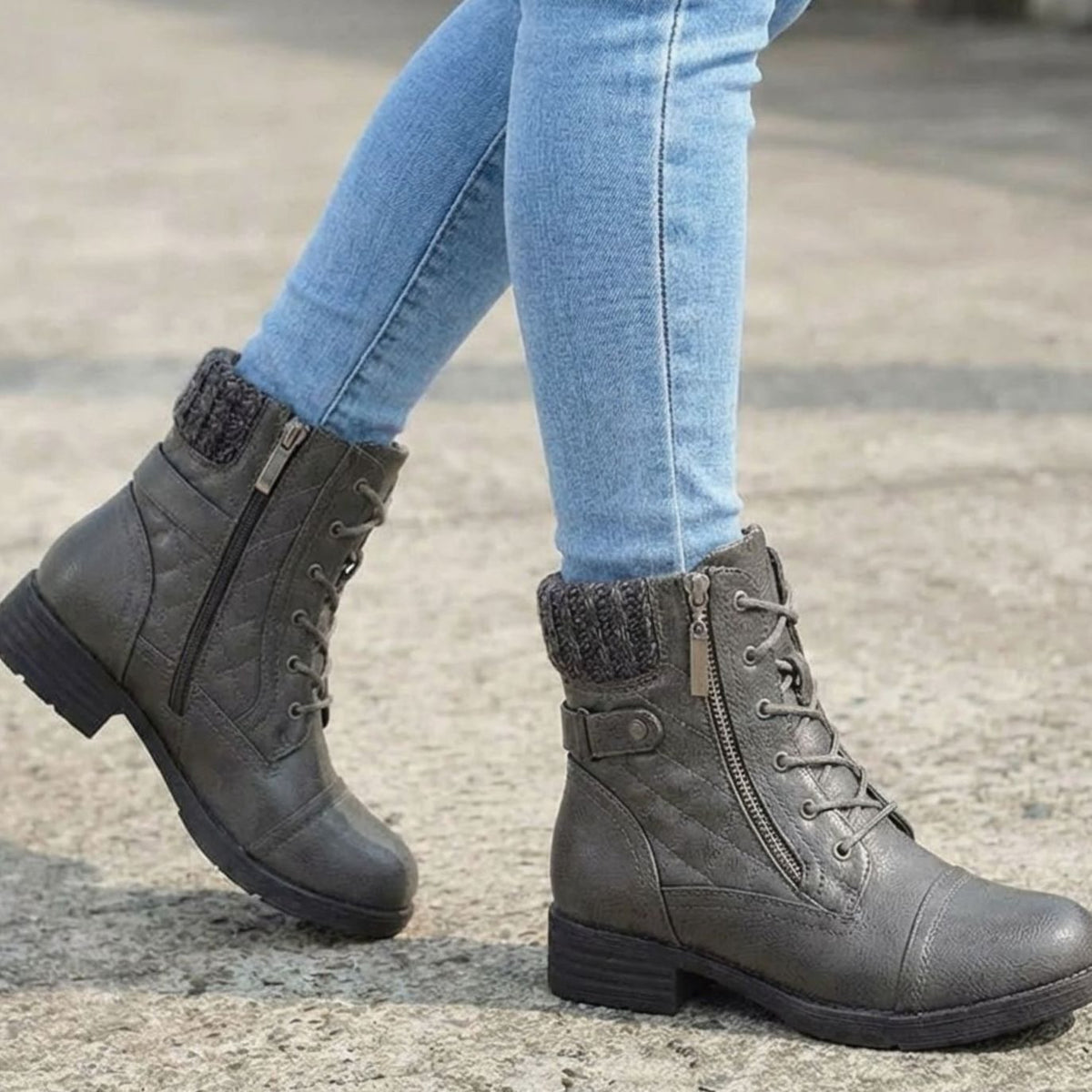 Lottie | Women's Quilted Lace-Up Ankle Boots with Side Zip – Padded Winter Booties
