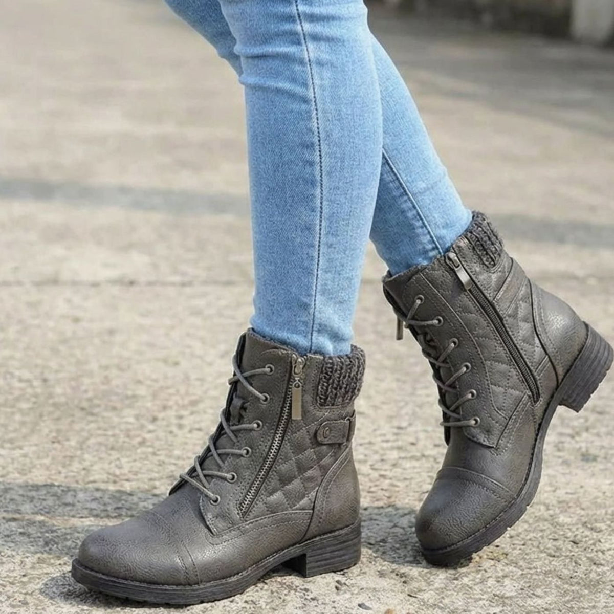 Lottie | Women's Quilted Lace-Up Ankle Boots with Side Zip – Padded Winter Booties