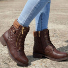 Lottie | Women's Quilted Lace-Up Ankle Boots with Side Zip – Padded Winter Booties – Dark Brown