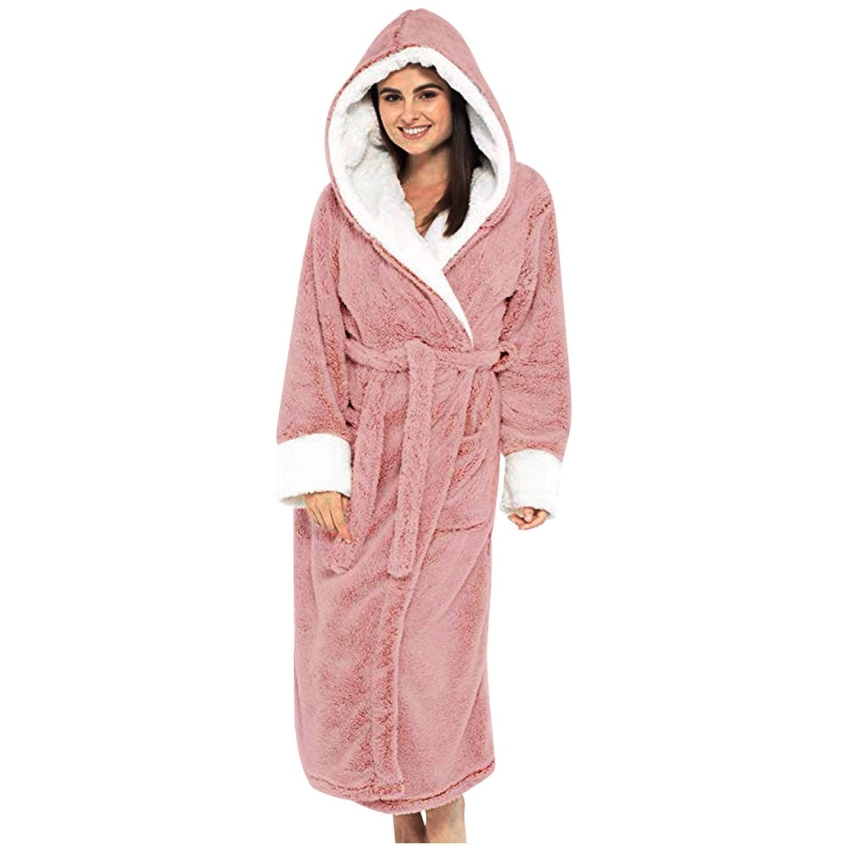 Lucia | Women's Long Teddy Fleece Jacket with Hood and Belt – Cozy Belted Coat – Pink
