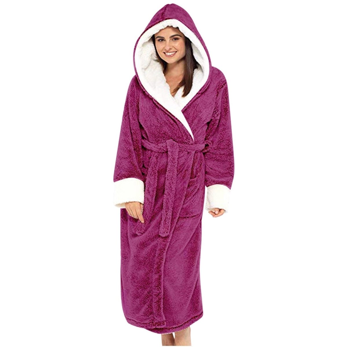Lucia | Women's Long Teddy Fleece Jacket with Hood and Belt – Cozy Belted Coat – Magenta