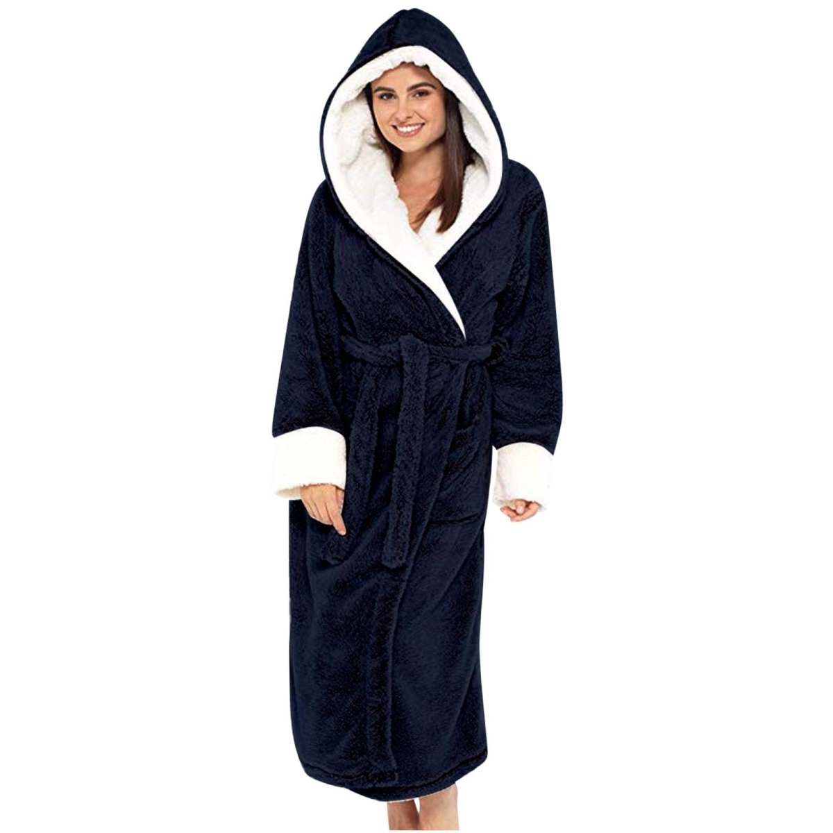 Lucia | Women's Long Teddy Fleece Jacket with Hood and Belt – Cozy Belted Coat – Dark Blue