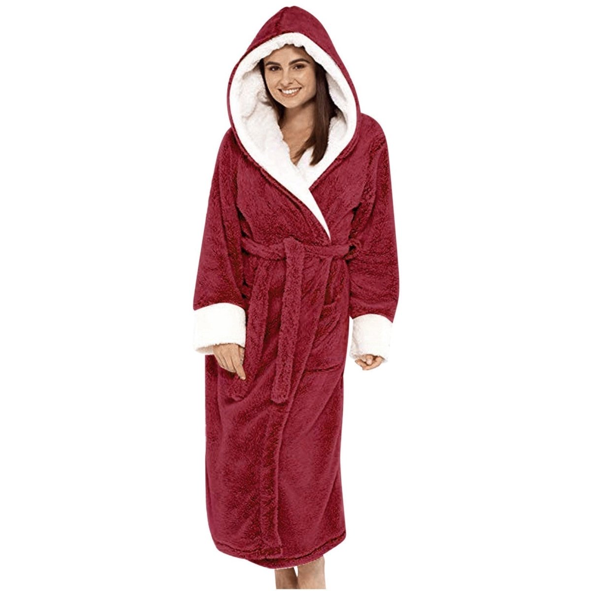 Lucia | Women's Long Teddy Fleece Jacket with Hood and Belt – Cozy Belted Coat – Red