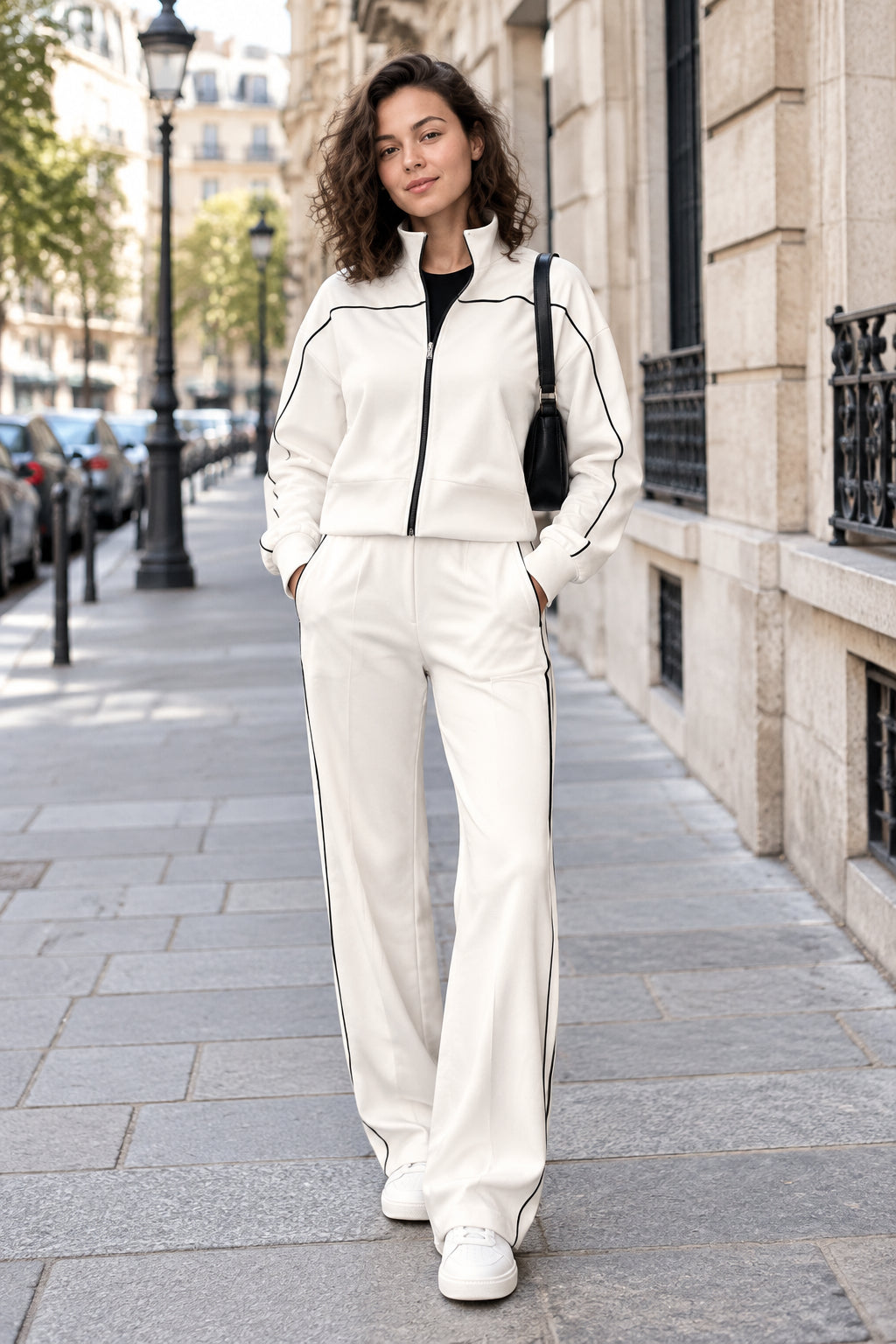 Lucy | Women's Zip-Up Track Jacket and Wide-Leg Pants Set – Stand Collar, Contrast Piping – White