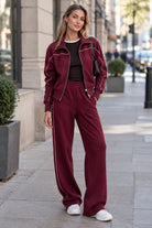Lucy | Women's Zip-Up Track Jacket and Wide-Leg Pants Set – Stand Collar, Contrast Piping – Burgundy