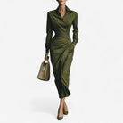 Lydia – Women's Satin-Finish Wrap Shirt Dress – Long Sleeve Midi with Collar