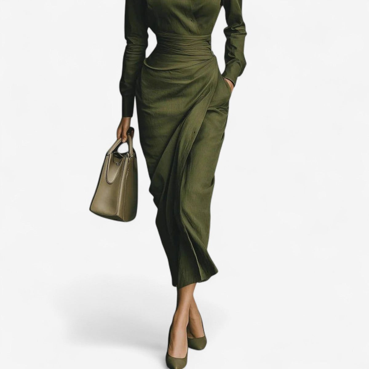 Lydia – Women's Satin-Finish Wrap Shirt Dress – Long Sleeve Midi with Collar