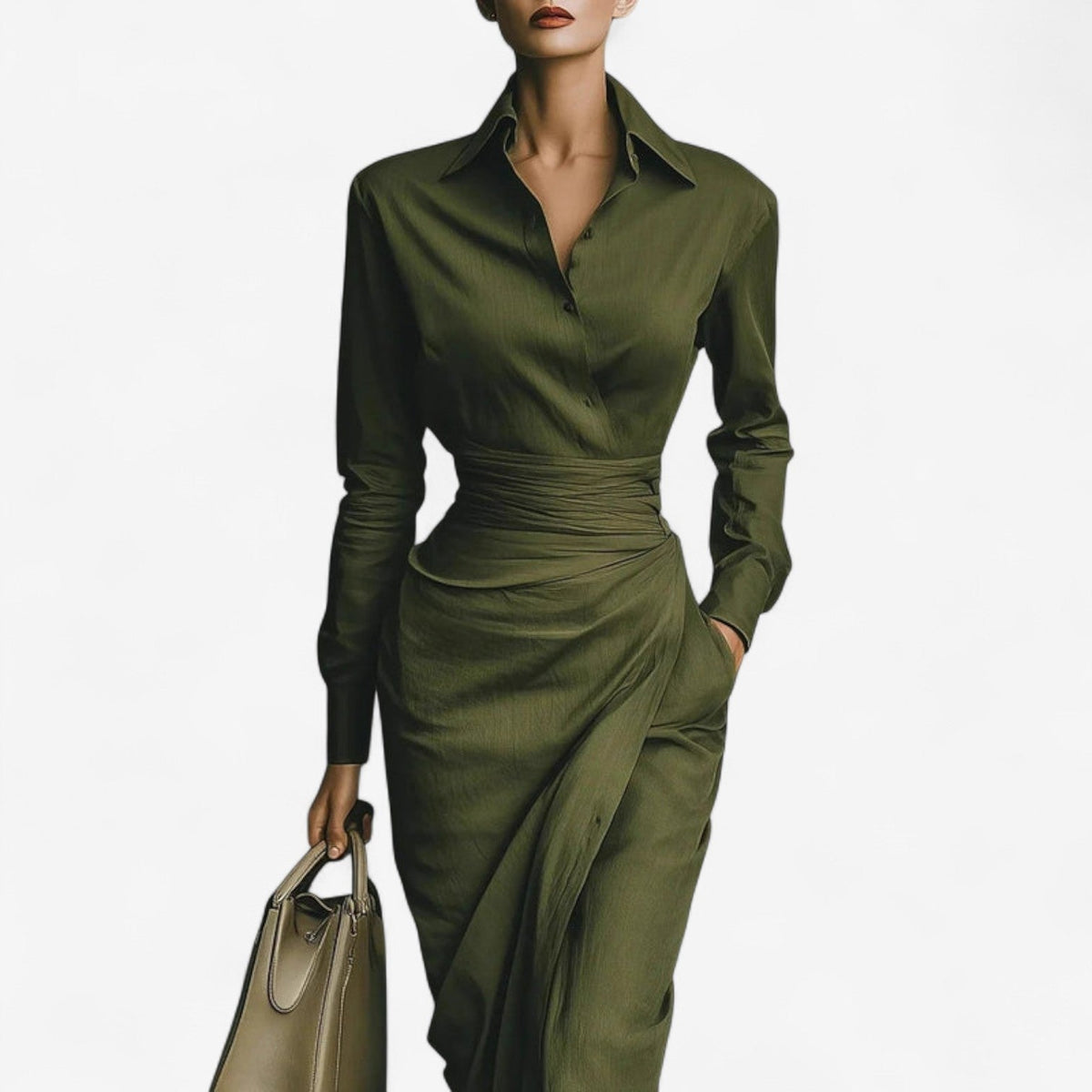 Lydia – Women's Satin-Finish Wrap Shirt Dress – Long Sleeve Midi with Collar