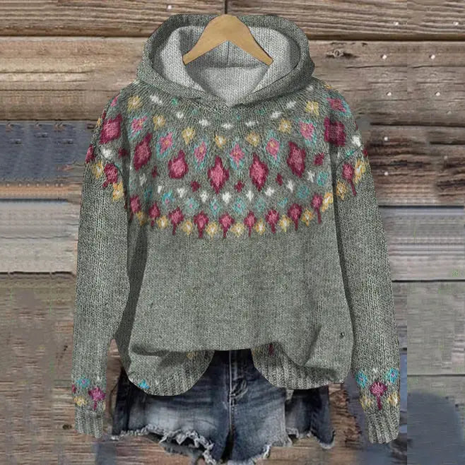 Lyla | Women's Oversized Fair Isle Hooded Sweater – Cropped Knit Pullover