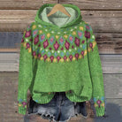Lyla | Women's Oversized Fair Isle Hooded Sweater – Cropped Knit Pullover – Green
