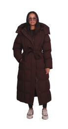 Maeve | Women's Long Quilted Puffer Coat – Belted Waist, Padded Winter Warmth – Dark Brown