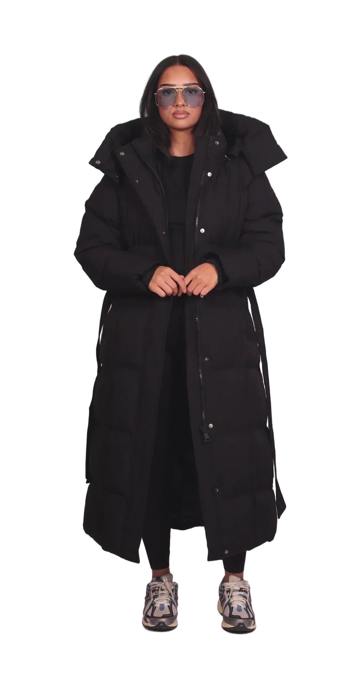 Maeve | Women's Long Quilted Puffer Coat – Belted Waist, Padded Winter Warmth – Black