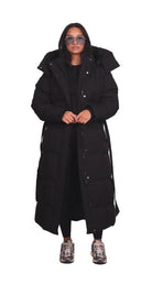 Maeve | Women's Long Quilted Puffer Coat – Belted Waist, Padded Winter Warmth – Black