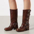 Magnolia – Women's Western Knee-High Boots – Buckle Strap, Leather-Look Finish