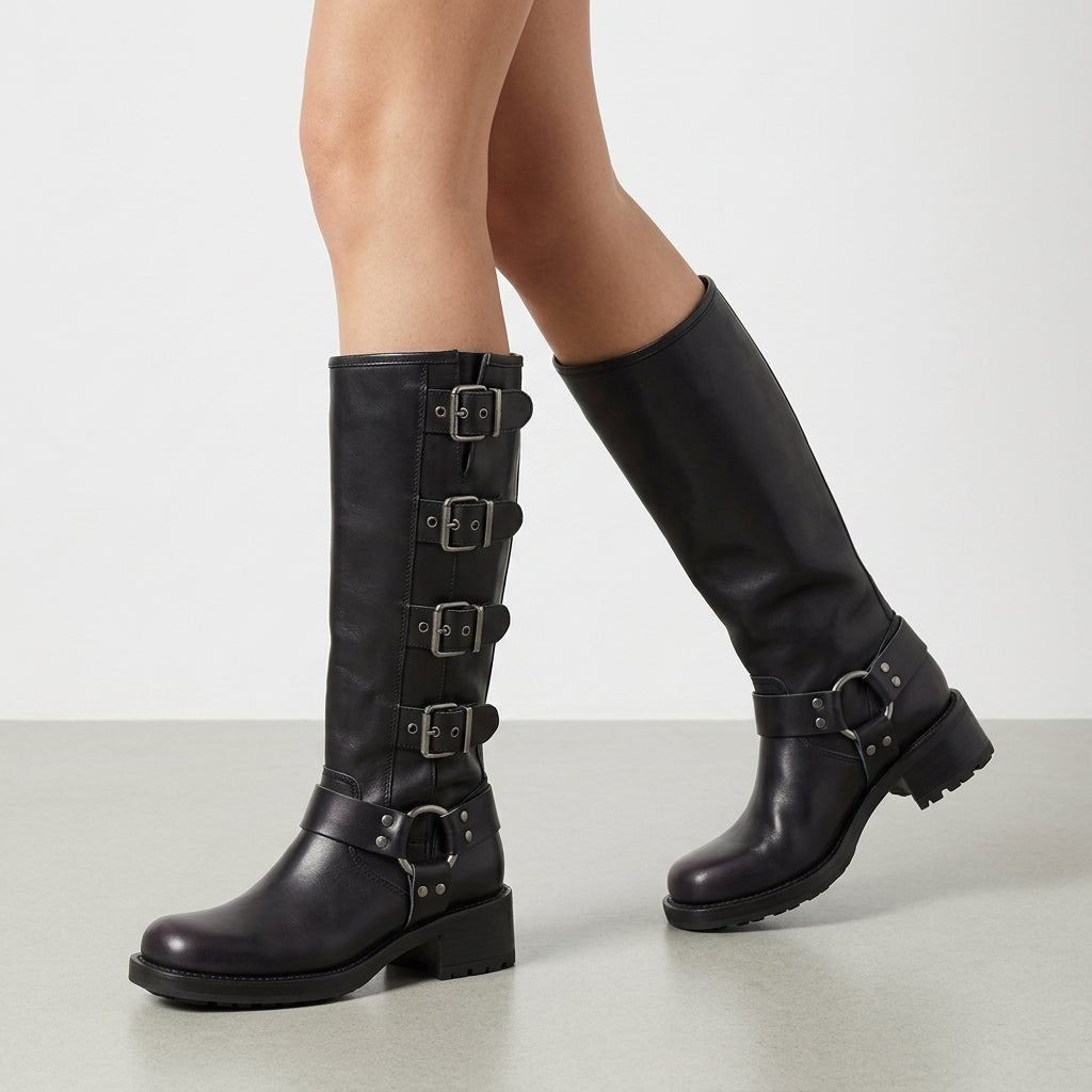 Magnolia – Women's Western Knee-High Boots – Buckle Strap, Leather-Look Finish