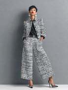Maisie | Women's Tweed Cropped Jacket and Wide-Leg Pants Set – Two-Piece Outfit – Gray