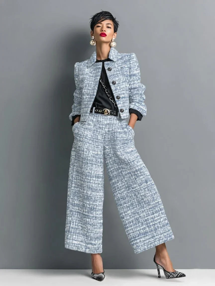 Maisie | Women's Tweed Cropped Jacket and Wide-Leg Pants Set – Two-Piece Outfit – Blue