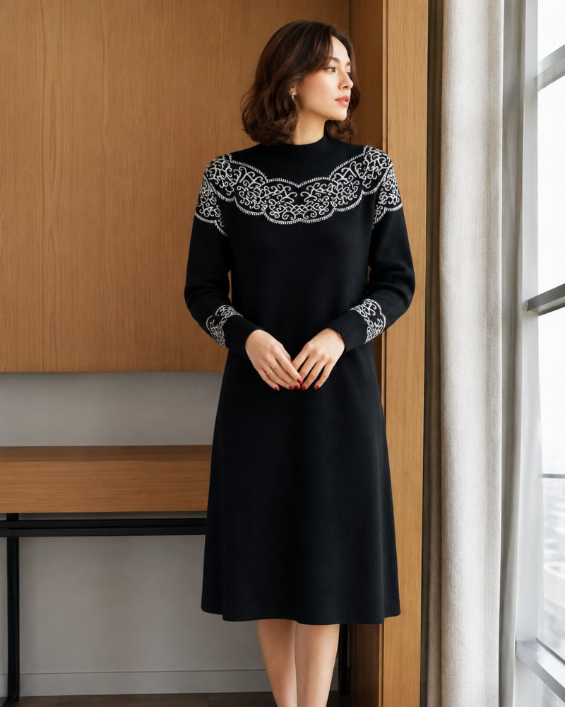 Mara | Women's Midi Sweater Dress – Long Sleeve Knit with Contrast Pattern Shoulders – Black/White