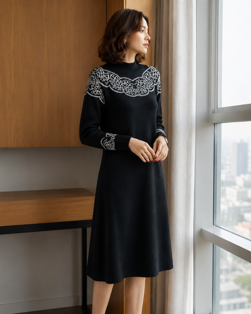 Mara | Women's Midi Sweater Dress – Long Sleeve Knit with Contrast Pattern Shoulders