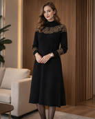Mara | Women's Midi Sweater Dress – Long Sleeve Knit with Contrast Pattern Shoulders – Black/Gold