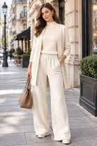 Marley | Women's Three-Piece Knit Set – Long Cardigan, Mock-Neck Top, Wide-Leg Pants – Ivory
