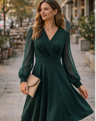 Meg | Women's Vintage V-Neck A-Line Dress – Long Sleeve Fit and Flare Dress