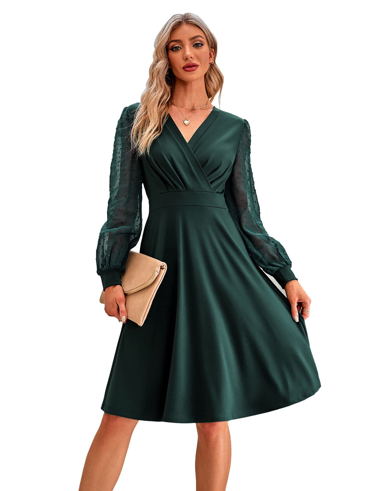 Meg | Women's Vintage V-Neck A-Line Dress – Long Sleeve Fit and Flare Dress – Green