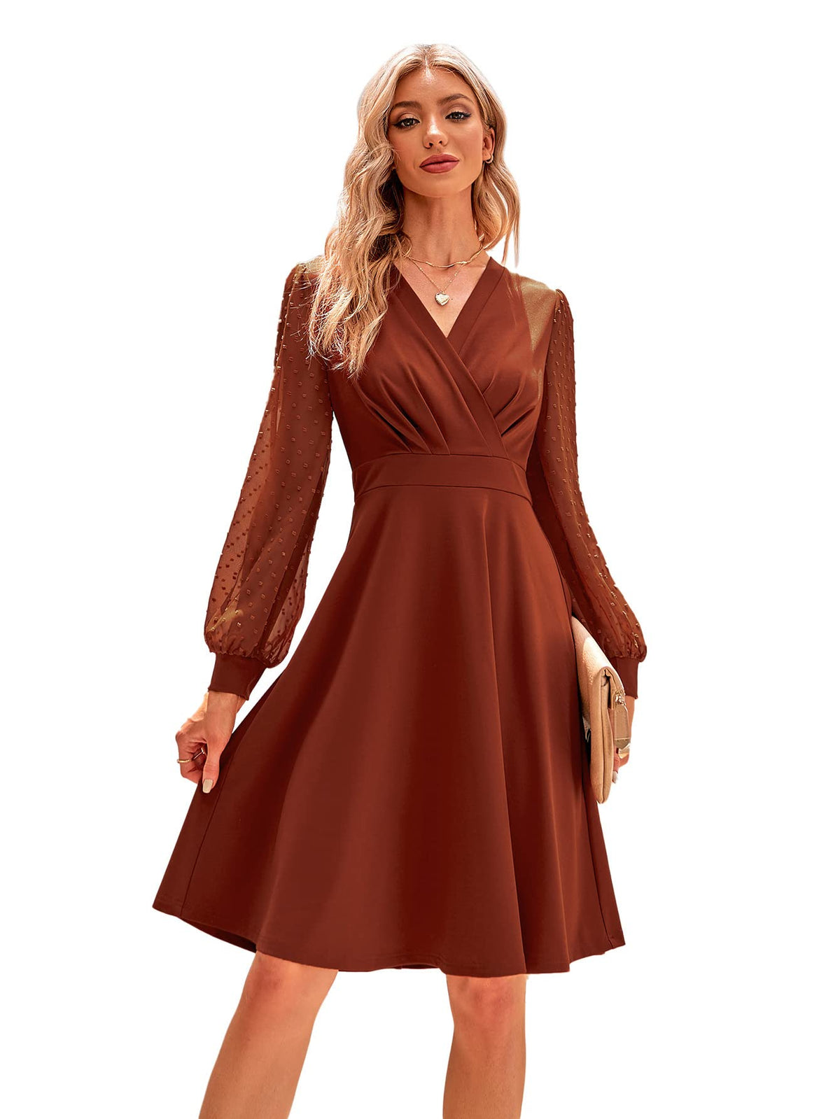 Meg | Women's Vintage V-Neck A-Line Dress – Long Sleeve Fit and Flare Dress – Brown