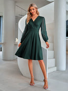 Meg | Women's Vintage V-Neck A-Line Dress – Long Sleeve Fit and Flare Dress