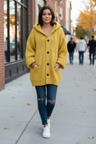 Megan | Women's Long Hooded Cardigan – Chunky Textured Knit, Button Front, Pockets – Mustard