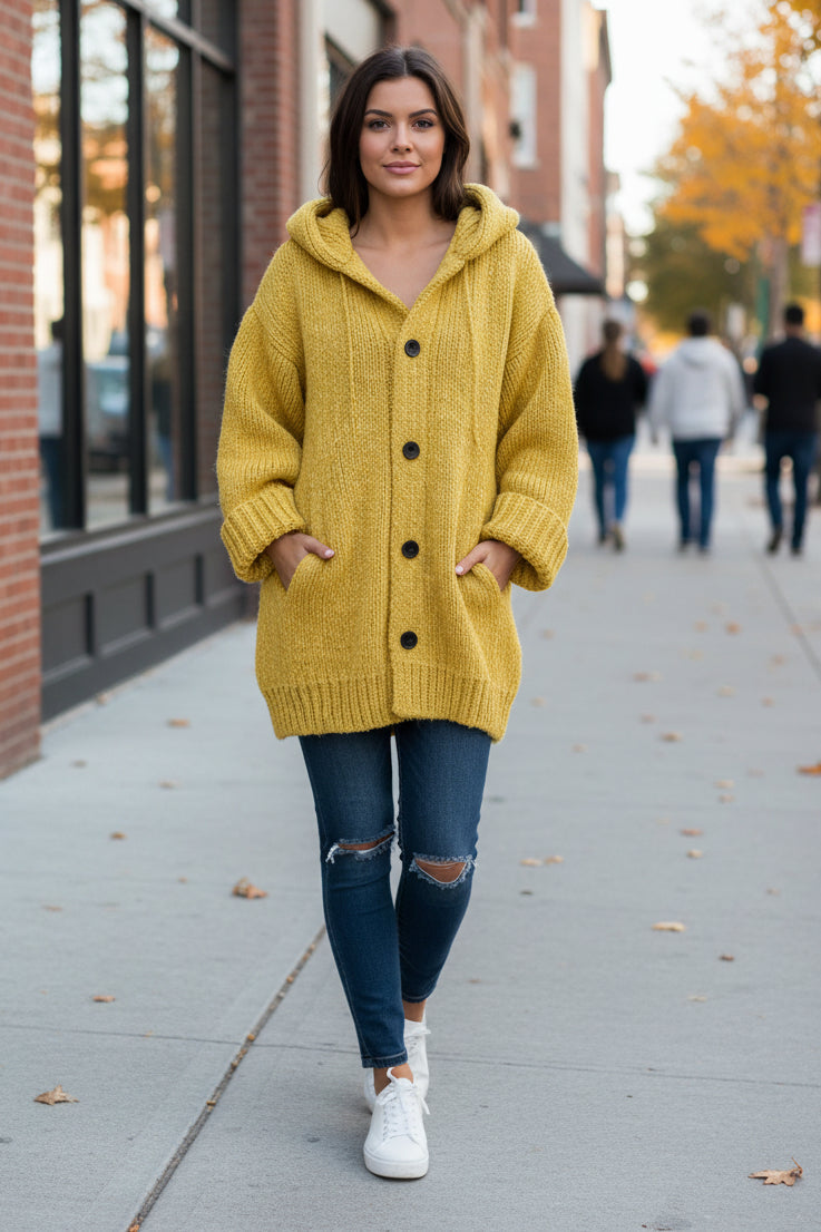 Megan | Women's Long Hooded Cardigan – Chunky Textured Knit, Button Front, Pockets – Mustard